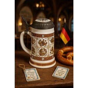 Vintage German Zodiac Horoscope Beer Stein w/ Pewter Lid & Booklet Astrology